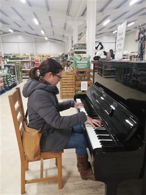 Having a play on the public piano at Fosseway Garden Centre!